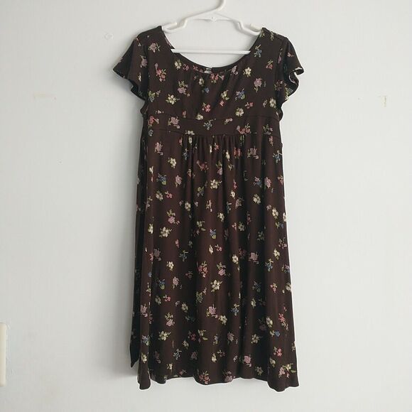 Mini Boden Dress Girl 5-6 yr Brown Floral Empire Flutter Sleeve Cottagecore - Picture 1 of 10